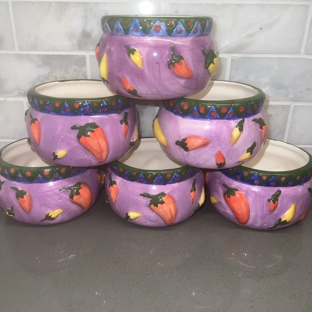 6 Chili Bowl Embossed with Colorful Peppers on Purple Glossy 5